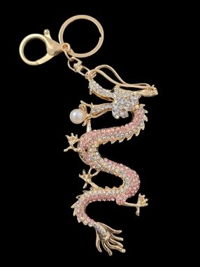 Gold-Tone Pink Crystal Dragon Bag Charm Keychain